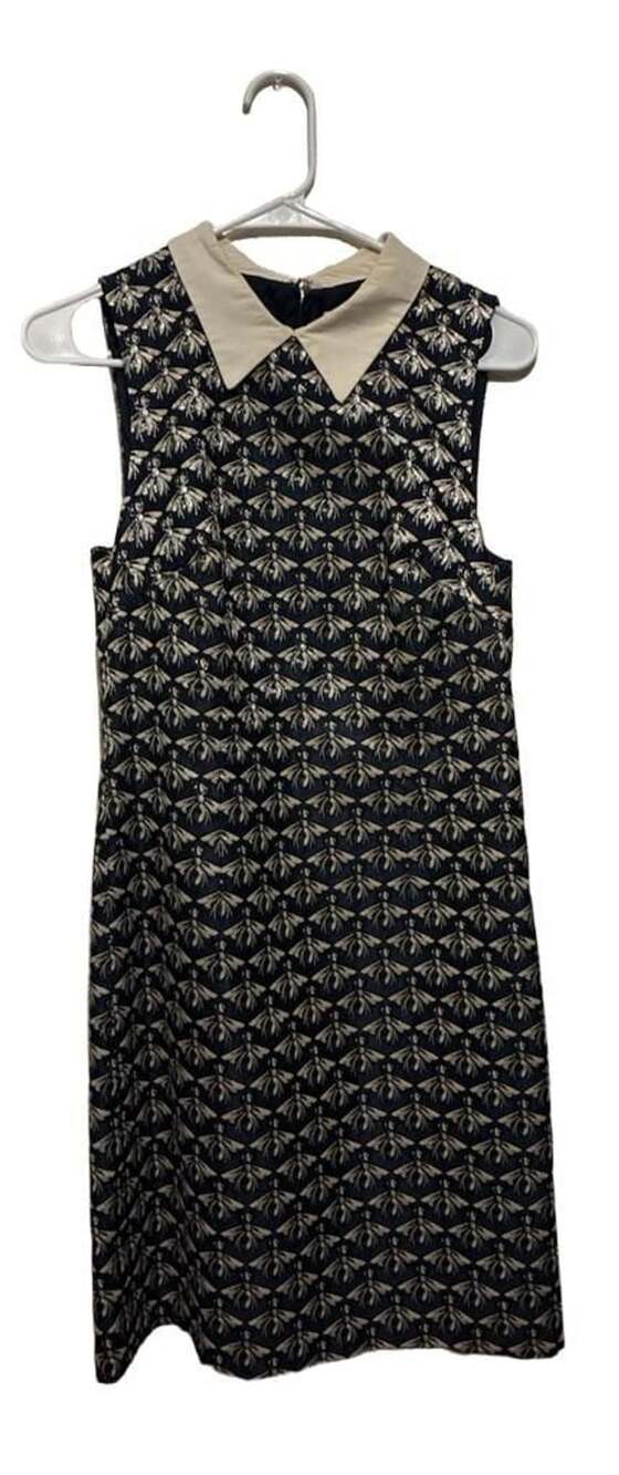 Trina Turk Queen Bee Dress Size 6 Blue Gold Jacquard Peter Pan Collar